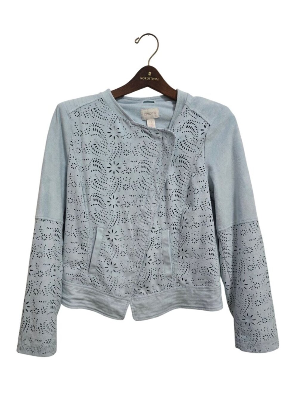 Chicos Faux Suede Perforated Light Blue Jacket Size 0 Outerwear STICKY ZIPPER